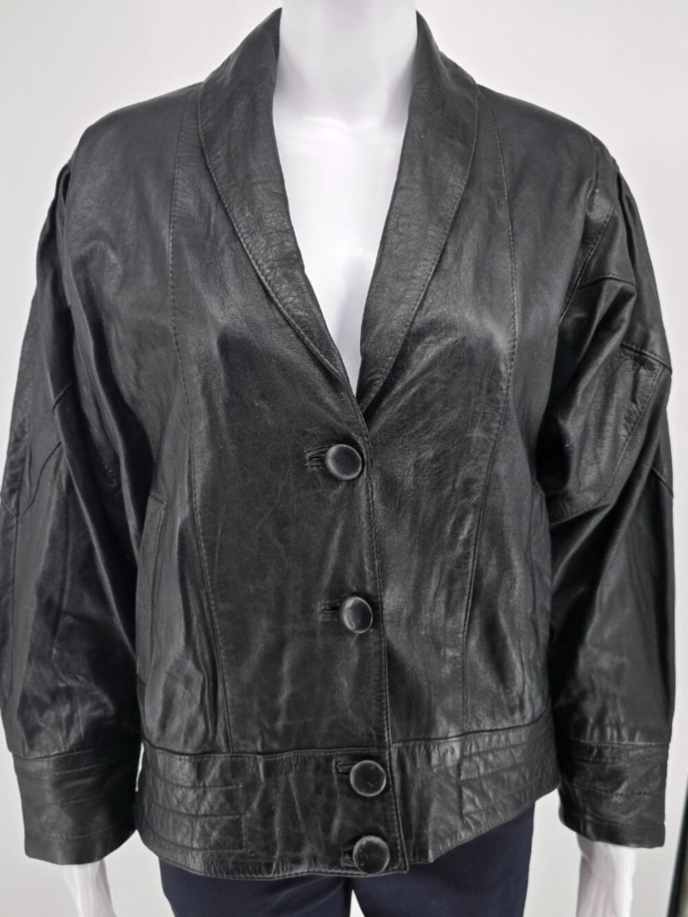 Vintage 1980s Samson Women's Oversized Batwing Sleeve Black Leather Jacket (L)